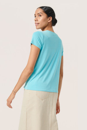 Soaked in Luxury - Columbine V-Neck Tshirt in Sea Jet on a model showing the back