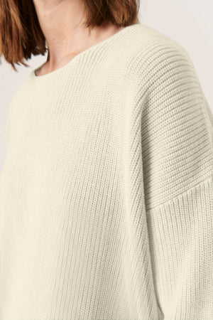 Soaked in Luxury - Tuesday Cotton Jumper in Whisper White showing  close up of the fine rib texture