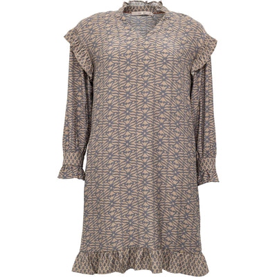 Lovely tunic shapped dress with unusual colouring - taupe and grey.&nbsp; Plus&nbsp; unusual detailing - frills at neckline, shoulders,&nbsp; sleeves and hem.&nbsp; All this with a william morris style pattern adds up to a dress which is a bit different, in a good way:) and which is simply elegant