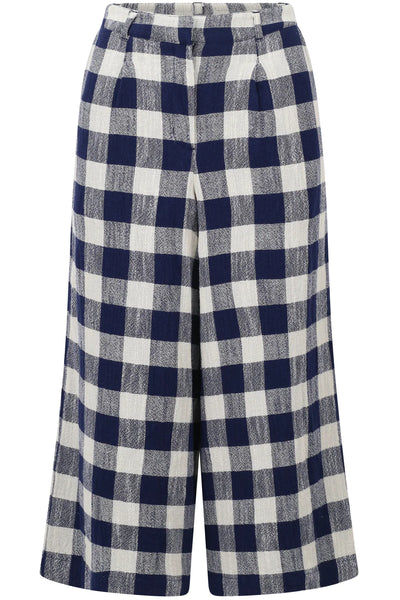 <p>These are great&nbsp; 100% cotton navy &amp; cream checked trousers. They are in a loose weave cofton and are lined giving them a good weight and practicalities aside, these trews are so on trend with wide legs, front pleats and side pockets.&nbsp; very cool<br></p> <p>100% Cotton&nbsp; 30 degree machine washable Do not tumble dry and reshape whilst damp</p>