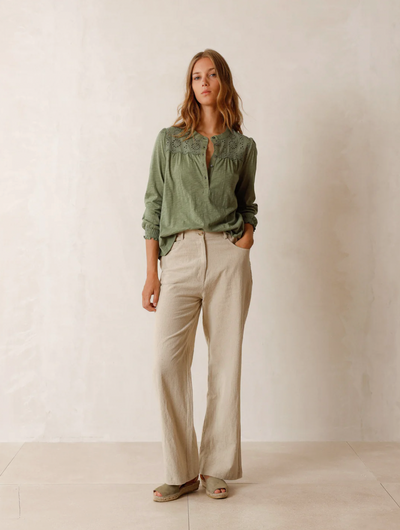 <p data-mce-fragment="1">Introducing the Indi &amp; Cold Camiseta Blouse in Basilico Green - a beautiful boho top with a round neck tie and gorgeous neutral green colour. Perfect for adding a touch of quirky charm to any outfit.</p> <p data-mce-fragment="1">&nbsp;</p> <p data-mce-fragment="1">Made of <span data-mce-fragment="1">100% ORGANIC COTTON KNITTED, Machine wash 30 low iron when needed</span></p>