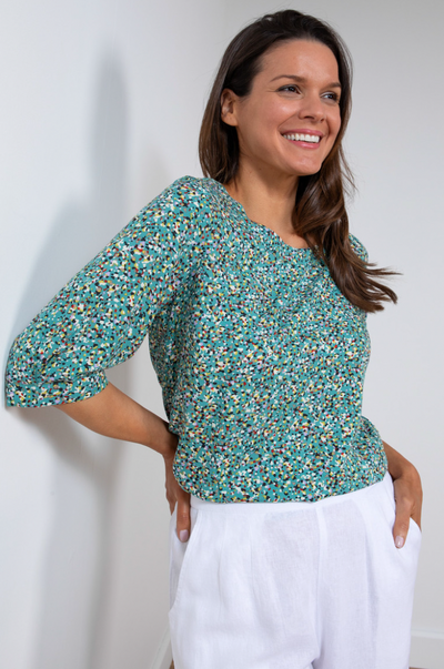 <p data-mce-fragment="1">Get ready for a whimsical Lakeside adventure in our Lily &amp; Me top! Featuring 3/4 cuffed sleeves in a soft and floaty ditsy print, this top is perfect for adding a touch of quirkiness to your wardrobe. So go ahead, make a splash with this playful and stylish top!&nbsp;</p> <p data-mce-fragment="1">&nbsp;</p> <p data-mce-fragment="1">Made of <span data-mce-fragment="1">100% Ecovero™ Lenzing™ Viscose, Machine wash at 30°C</span></p>