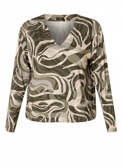 Yest -Corinne Long Sleeved V-Neck Top in Khaki Mix