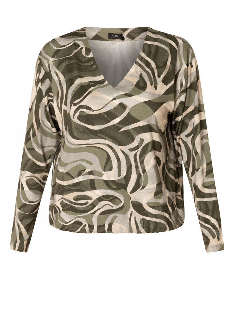 Yest -Corinne Long Sleeved V-Neck Top in Khaki Mix