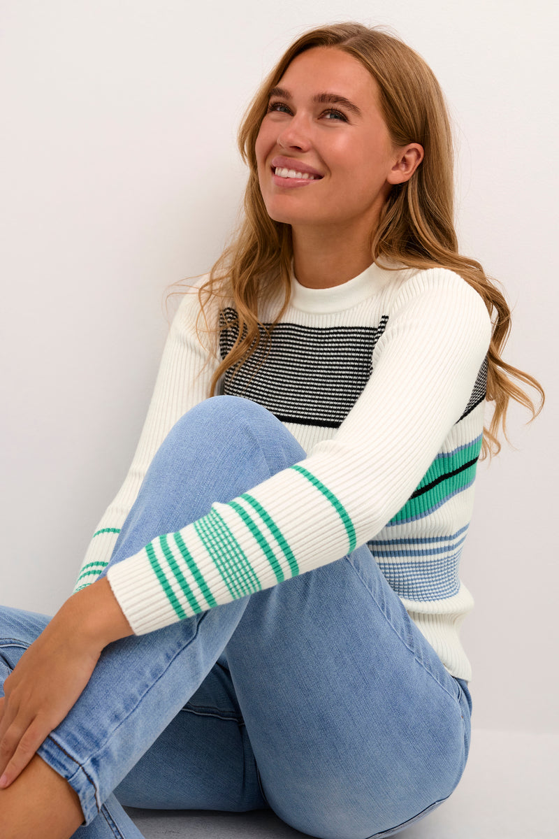 Fresh for spring this great white ribbed jumper with navy, green and pale blue stripes will brighten up your life whilst providing some warmth. Perfect with jeans  50% Viscose, 25% polyester, 20% polyamide, 5 % elastane  30 degree machine washable   