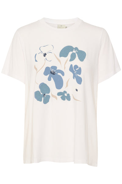 Add some flower power to your wardrobe with KAFFE's Avalentina T-shirt. This basic tee features abstract blue flowers for a playful and unique touch. Perfect for adding a pop of color to any outfit. (Don't worry, no bees were harmed in the making of this t-shirt!)     Made of 95% Viscose & 5% Elastic, wash at 30 degrees and air dry where possible