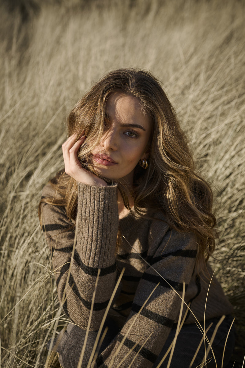 Kaffe - Erin Knit Pullover in Morel Brown with Black Stripe