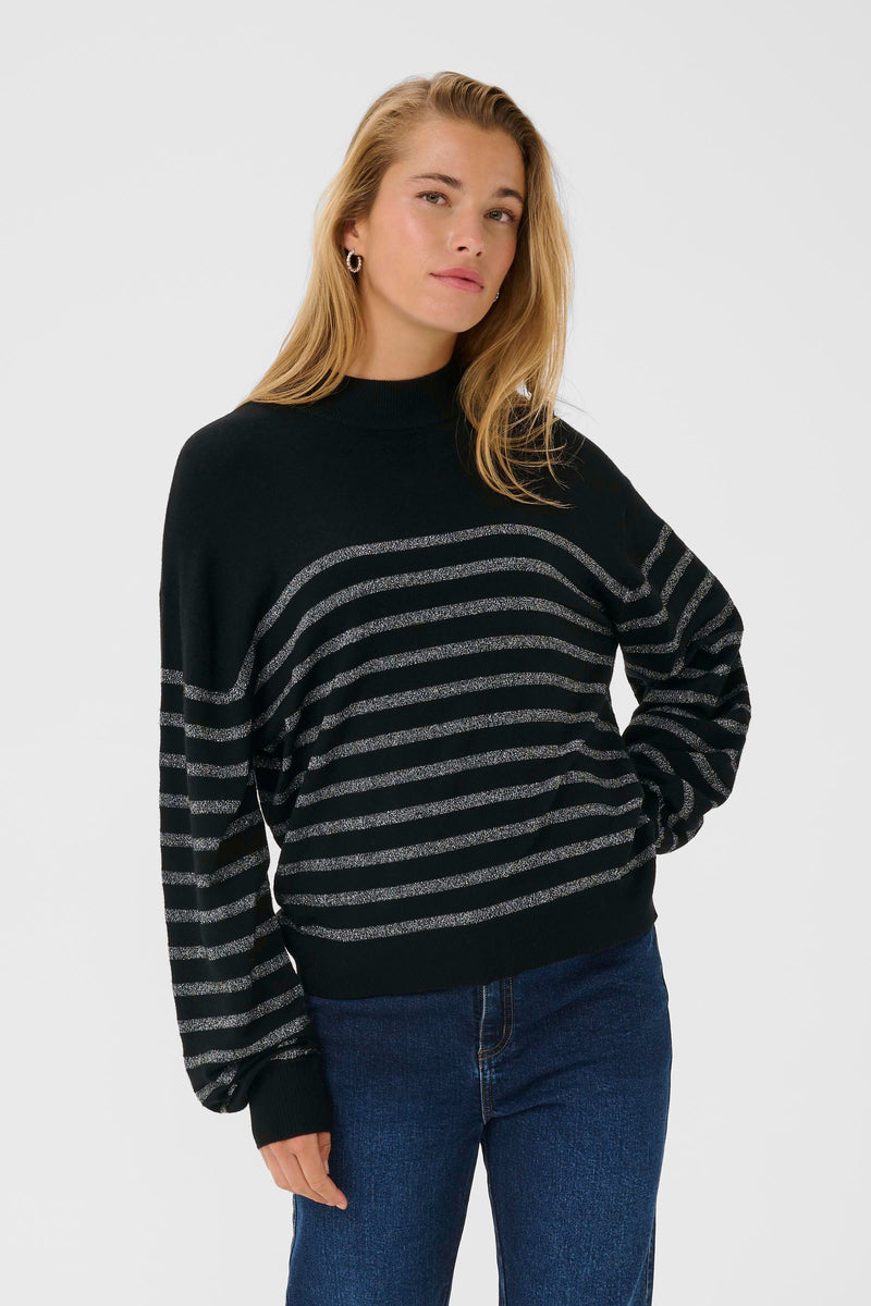 Kaffe - Alizz Turtleneck Pullover in Black with Silver Stripe