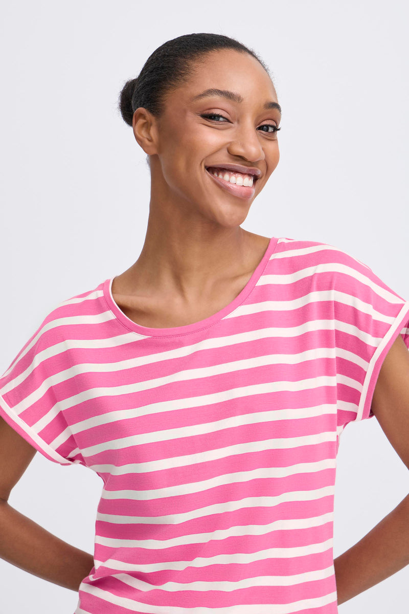 B Young Pamila Short Sleeved Stripe T-Shirt Pink and White