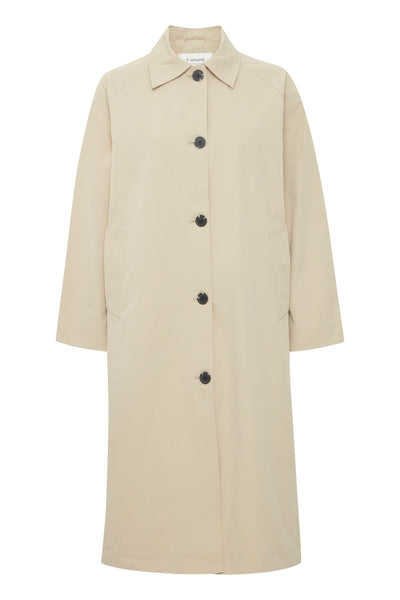 B Young - Amona Long Coat showing the front with contrast buttons