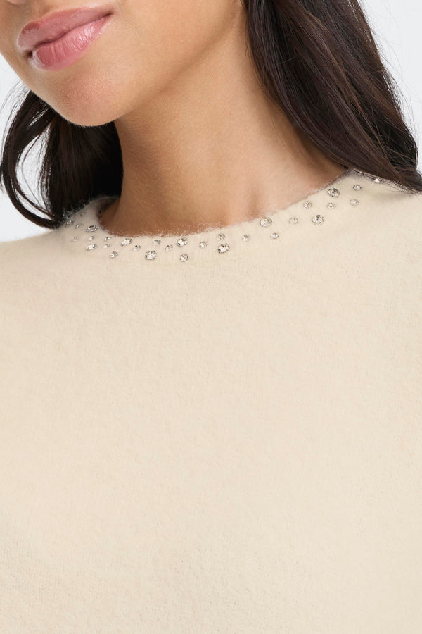 B Young - Omea Rhinestone Short Sleeve Jumper in Cream or Grey