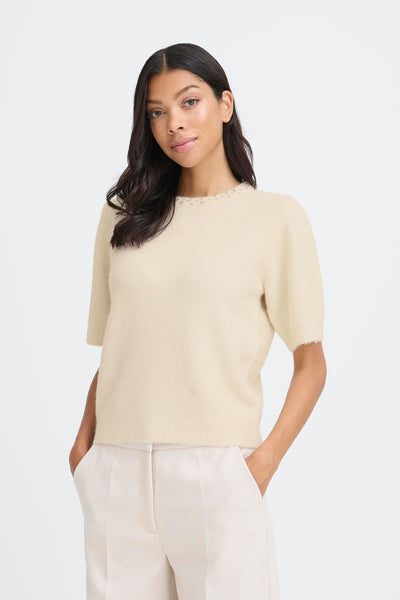 B Young - Omea Rhinestone Short Sleeve Jumper in Cream or Grey