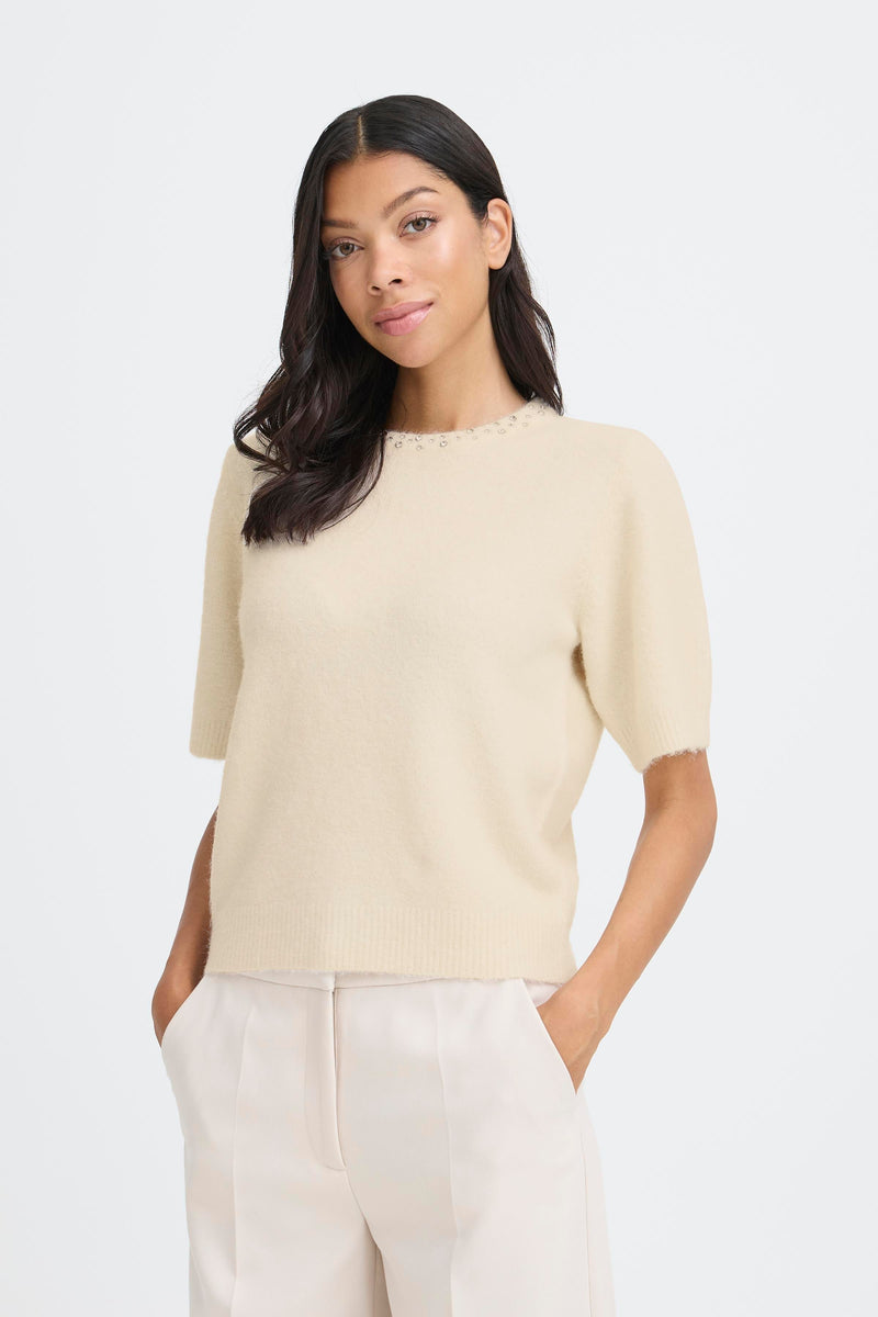 B Young - Omea Rhinestone Short Sleeve Jumper in Cream or Grey