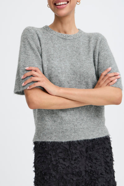 B Young - Omea Rhinestone Short Sleeve Jumper in Cream or Grey
