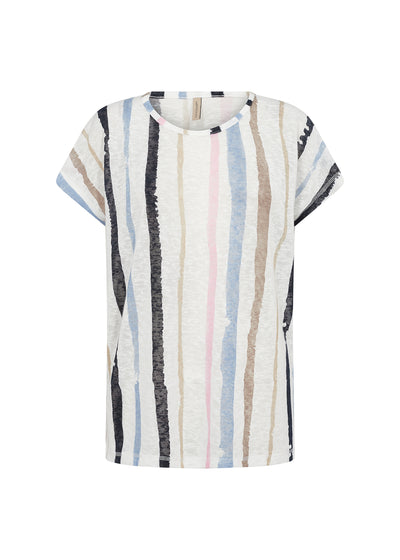 There's a lovely beach vibe about this White cap sleeved t-shirt with vertical stripes in Navy, Bright Blue, Pink and Beige.  Aretha has a loose knit airy weave, perfect for warm weather.     100% recycled polyester.  30 degree machine washable.