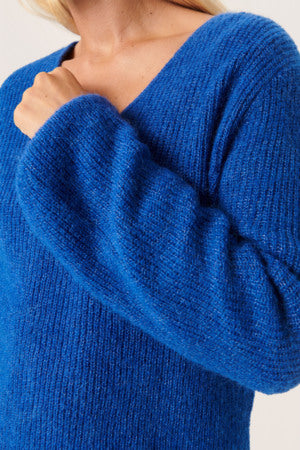 Soaked In Luxury - SLTuesday V Neck Jumper in Beaucoup Blue in close up