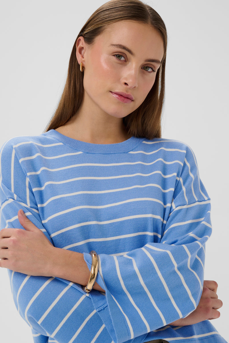 Soaked in Luxury - Spina Boxy Cropped Pullover Green/White & Blue/White Stripe