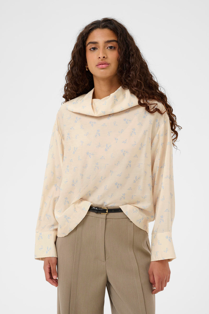 Soaked in Luxury - Eneya Blue Cream Printed Funnel Blouse