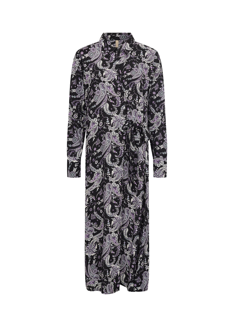 Soyaconcept - Alma Dress is a long maxi shirt dress in a purple and black paisley design with 