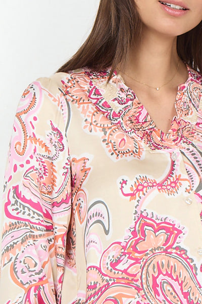 Dorina is a beauty with its lovely pinky/peachy paisley pattern on a pale gold background. This long sleeved  blouse also has pretty ruched detailing at the v-neck and cuffs.  Definitely a winner.  50% Ecover/recycled Viscose and 50% Viscose.  30 degree machine washable, iron inside out.