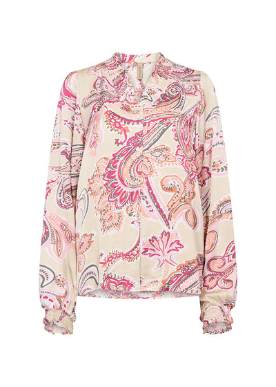 Dorina is a beauty with its lovely pinky/peachy paisley pattern on a pale gold background. This long sleeved  blouse also has pretty ruched detailing at the v-neck and cuffs.  Definitely a winner.  50% Ecover/recycled Viscose and 50% Viscose.  30 degree machine washable, iron inside out.