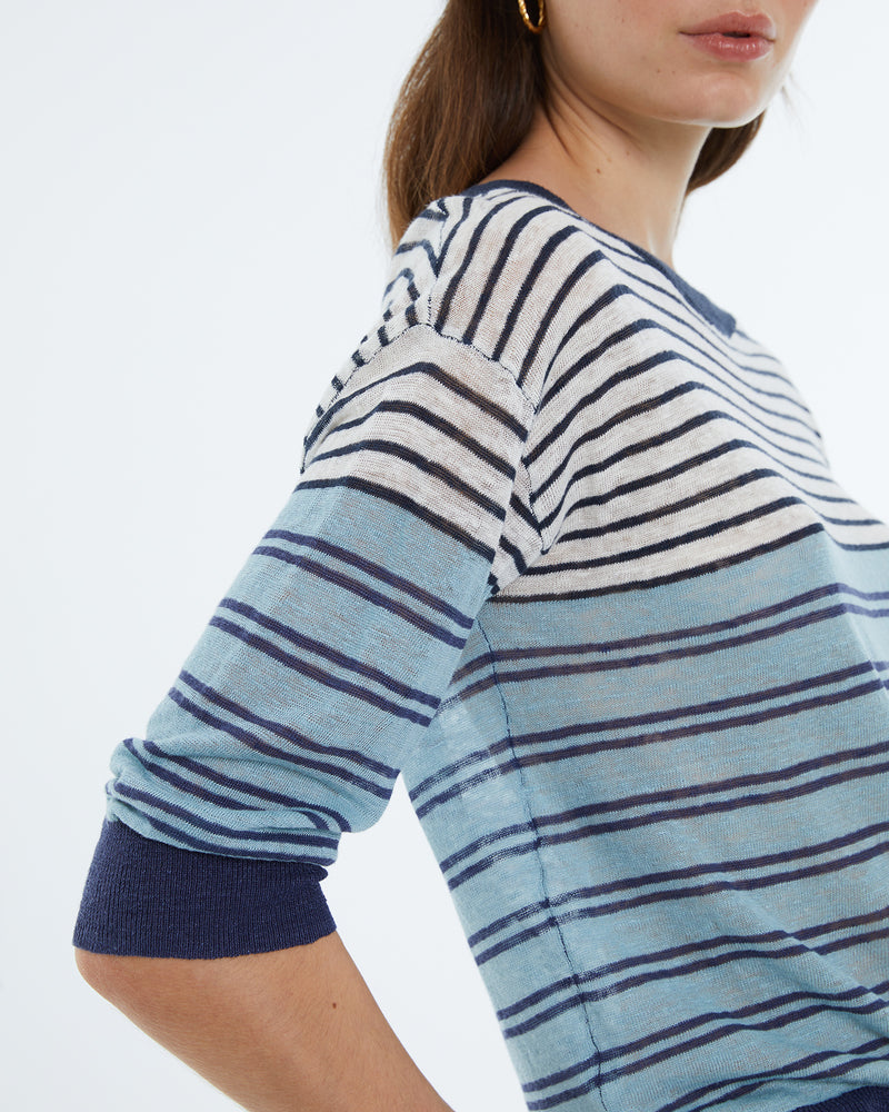 Andam - Cotton/Linen Stripy Jumper in blues close up