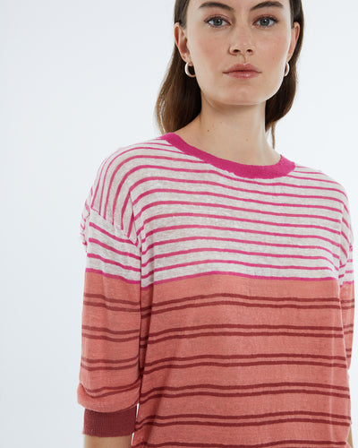 Andam Cotton/Linen Stripy Jumper in pinks close up