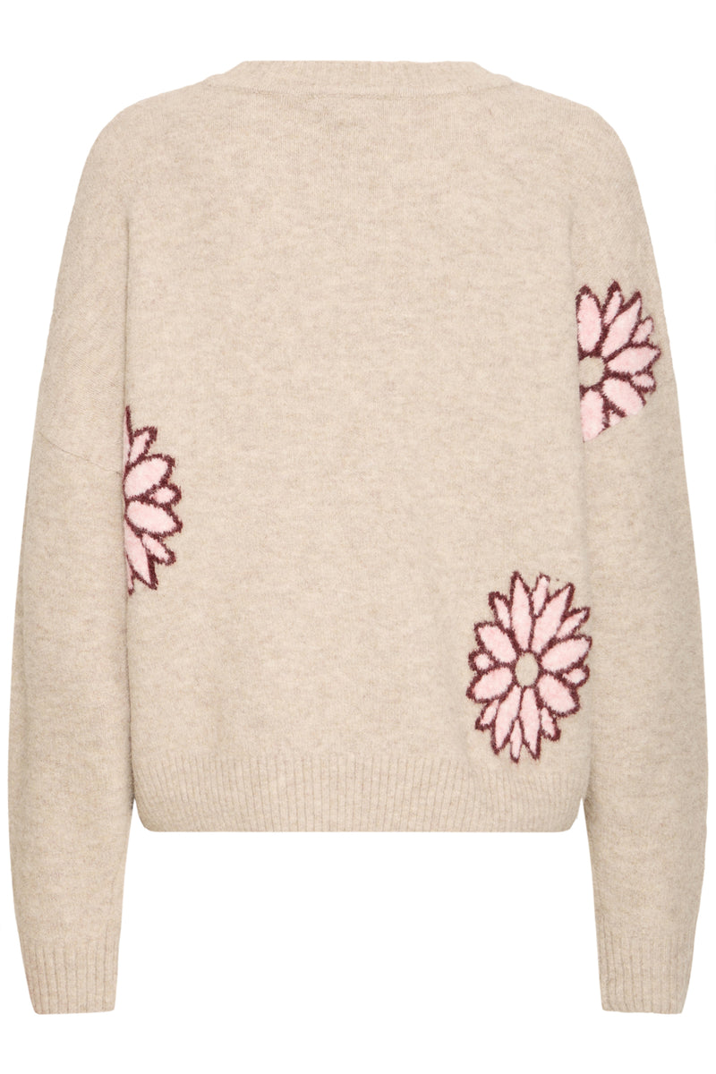 BY Omea sweater with pink floral patterns on a white background