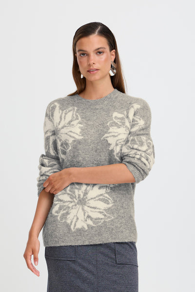 B Young- OMEA Flower Jumper in Grey/Cream