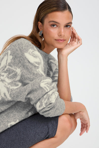 B Young- OMEA Flower Jumper in Grey/Cream