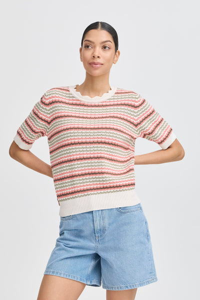 B Young - front view of model wearing Najo O-Neck Jumper in Shell Pink Mix with denim shorts