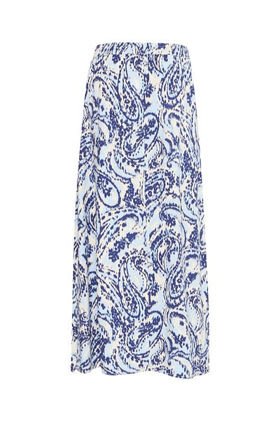 Back view of B Young A line maxi length skirt with drawstring elasticated waist in blue paisley design
