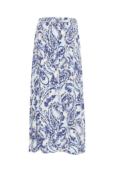 Back view of B Young A line maxi length skirt with drawstring elasticated waist in blue paisley design