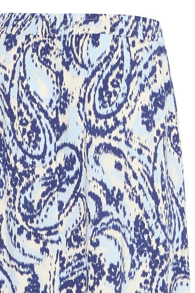 Close up view of B Young maxi length skirt showing detail of blue paisley design