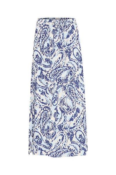 Front view of B Young A line maxi length skirt with drawstring elasticated waist in blue paisley design