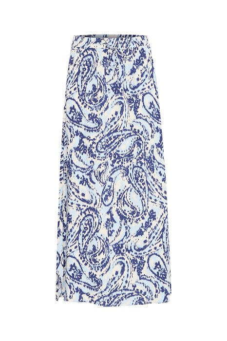 Front view of B Young A line maxi length skirt with drawstring elasticated waist in blue paisley design
