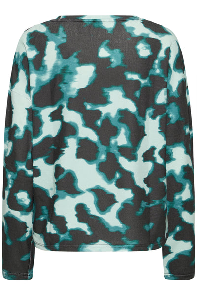 Camouflage-patterned knit in shades of green and aqua on a white background