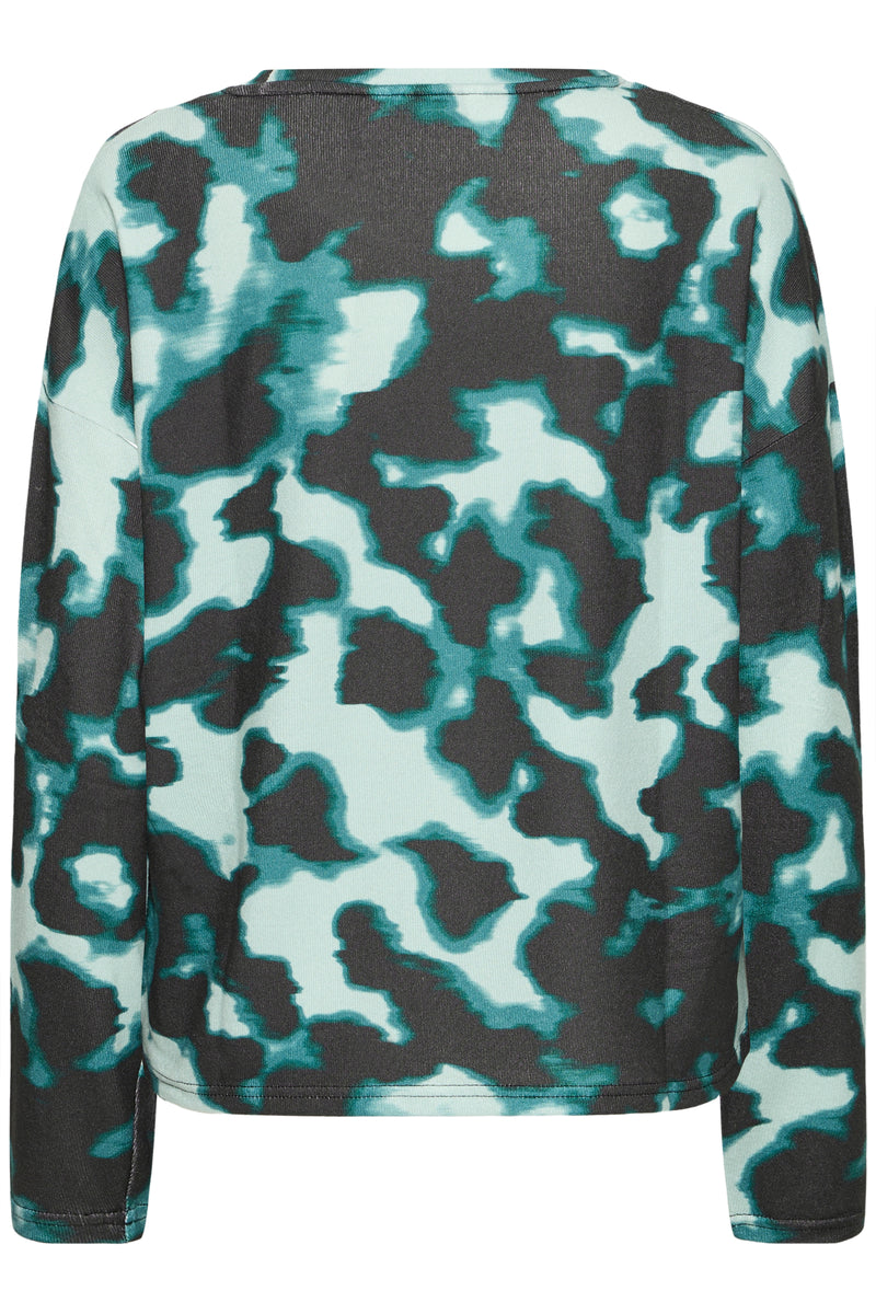 Camouflage-patterned knit in shades of green and aqua on a white background