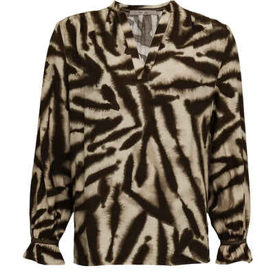 Long-sleeve shirt with a green and white abstract pattern on a white background