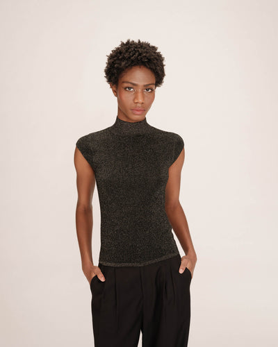 grace and mila funnel neck ribbed sleeveless top black with gold thread 