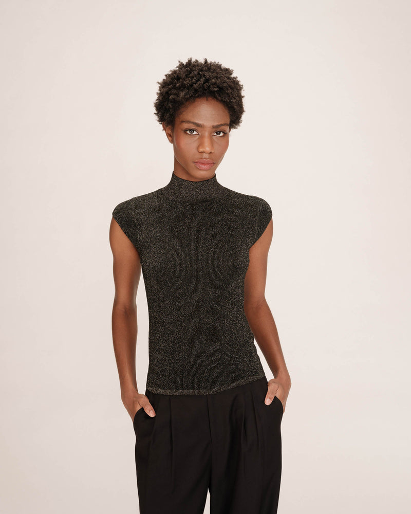 grace and mila funnel neck ribbed sleeveless top black with gold thread 