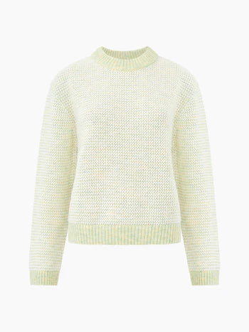 This blend of cream, pastel green, and yellow yarn blend together seemlessly in this pointelle jumper. Perfect to brighten up your Spring wardobe and breathable enough to wear into summer!  Made of 60% recycled polyester, 30% polyamide and 10% wool, wash as wool at 30 degrees, air dry flat and reshape while wet