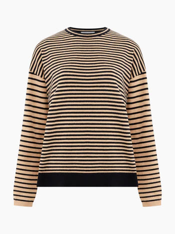 The super soft feel of this stripy jumper will win you over right away.  It is a lovely crew neck in a classic black and sandy gold coloured stripe.     55% Acrylic 28% Polyester 17% Polyamide .. 30 degree machine washable as wool