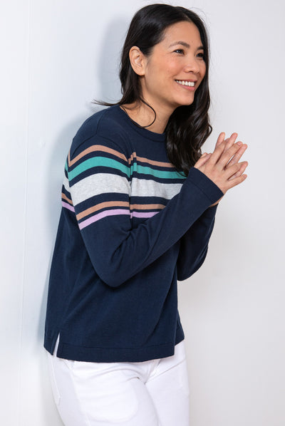 <p>Get ready to add some retro flair to your wardrobe with Lily &amp; Me's Ribbon Meadoe Stripped Jumper. This fine knit navy jumper features a fun rainbow stripe pattern, making it both comfy and stylish. Perfect for those lazy days running errands or just lounging around!</p> <p><br></p> <p>Made of 100% Organic Cotton, Wash at 30 Degrees</p>