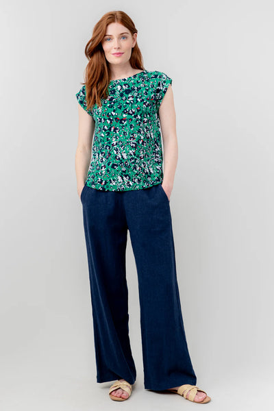 Lily & Me - Grace Trouser Plain Linen in Navy shown with a green Tee