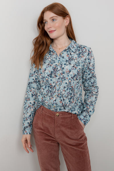 Lily & Me - Patsy Shirt in Ice Blue Feather Ditsy Design