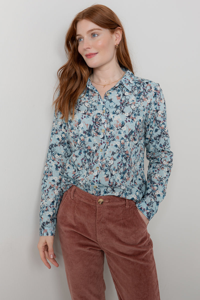 Lily & Me - Patsy Shirt in Ice Blue Feather Ditsy Design