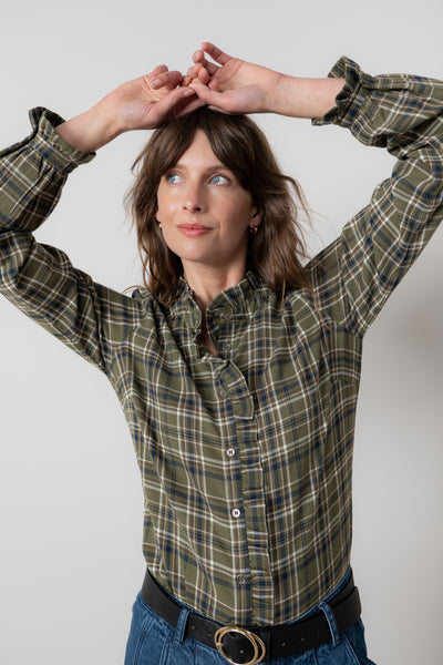 Lily & Me - Frill Shirt in Sage Multi Check