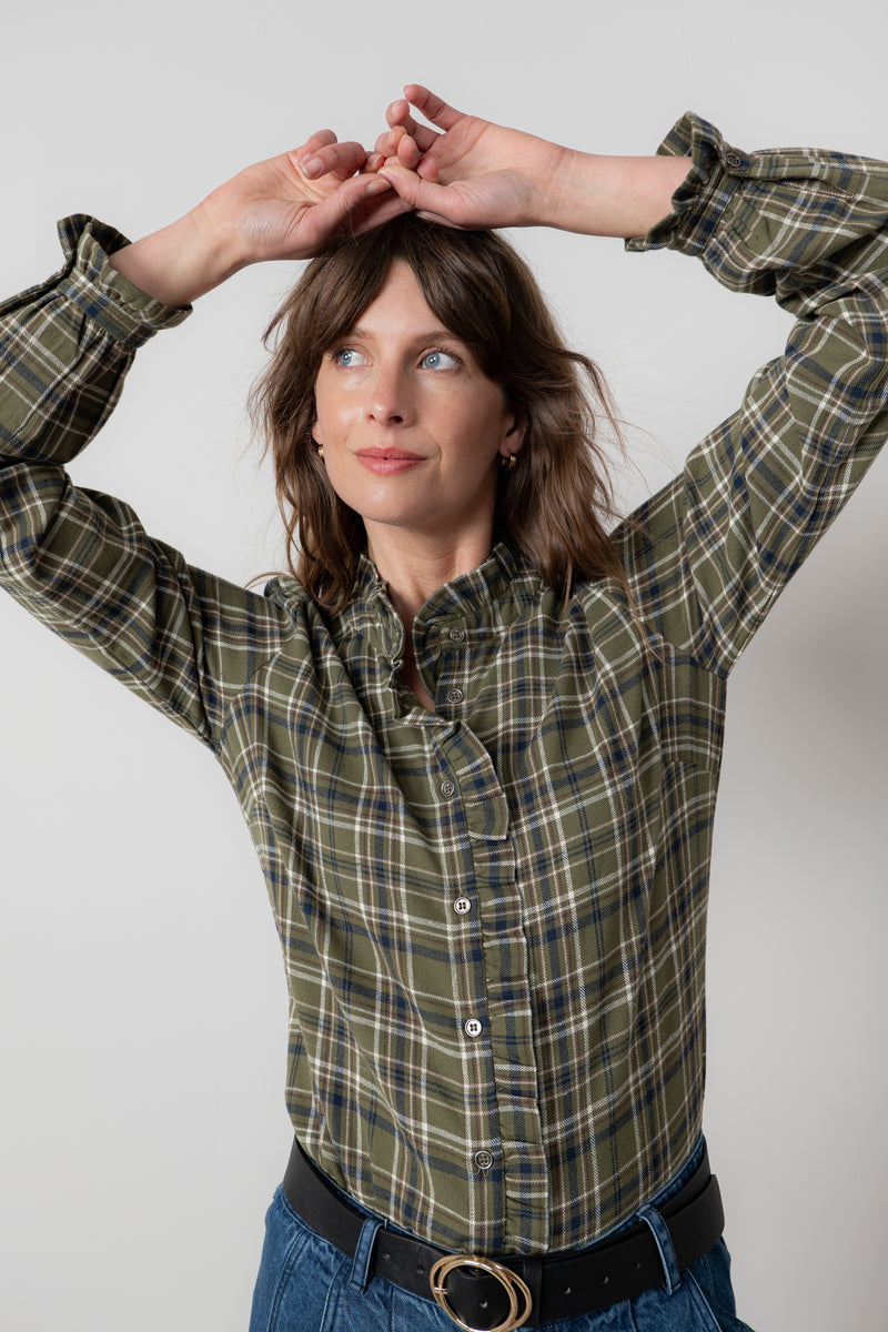 Lily & Me - Frill Shirt in Sage Multi Check