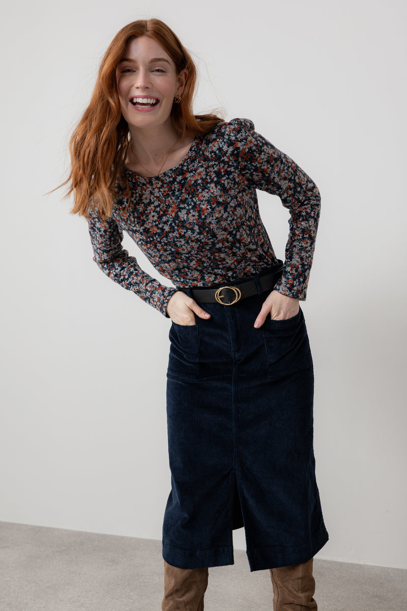 Lily & Me - Penrose Cord Skirt in Navy